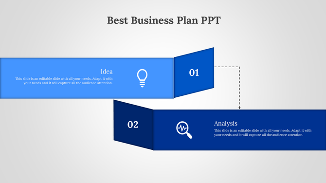 Business plan PPT template with two steps idea and analysis, displayed in blue banners with icons and descriptive text.