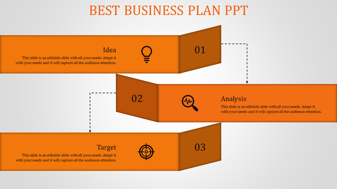 Business plan PPT slide with three sequential steps idea, analysis, and target, displayed in orange banners with icons.