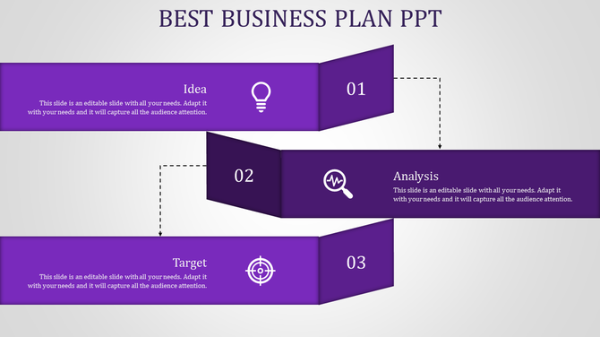 Corporate planning slide with a purple-themed three-stage progression, each represented by a labeled banner.