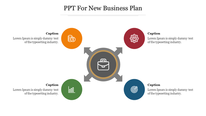 PPT for new business plan with a central icon representing a briefcase and four surrounding icons with captions.