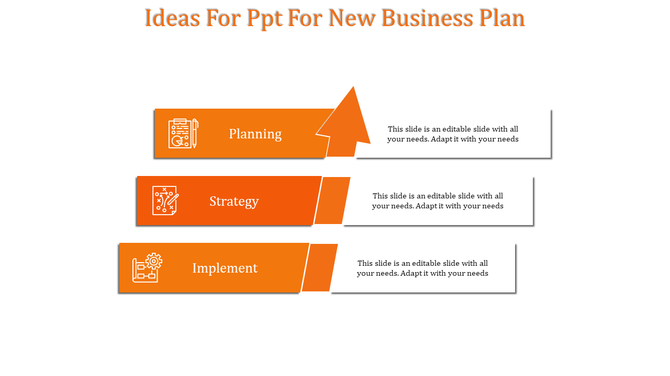 Three stage business plan diagram with labeled light blue boxes and dark blue arrows pointing to text placeholders.