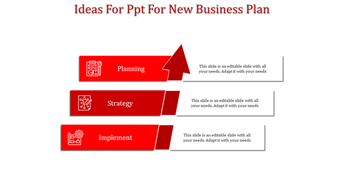 A red colored slide displaying a business plan with three stages each represented by icons and connected by arrows.