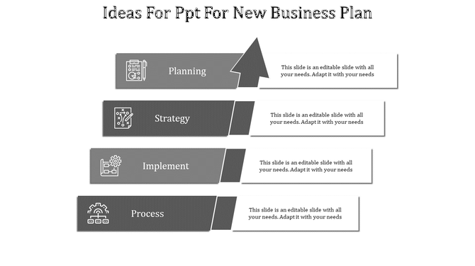 A grayscale PPT slide showing stages for a business plan each with corresponding icons and placeholder text.