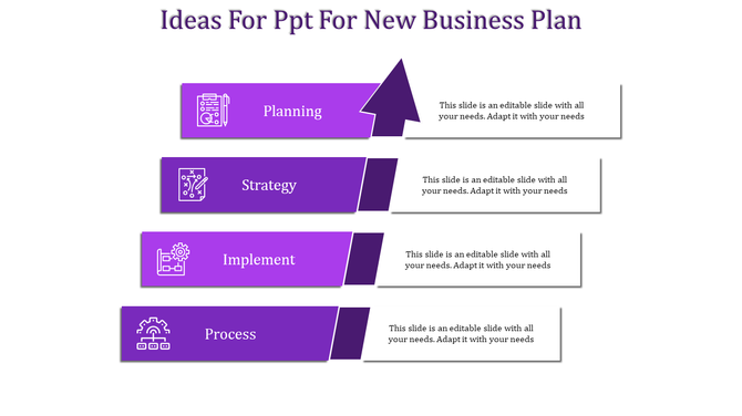 A purple PPT slide showing stages for a business plan each with corresponding icons and placeholder text.