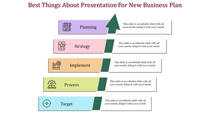 A PowerPoint slide showcasing the stages of a new business plan from Planning to Target, with colored icons for each step.