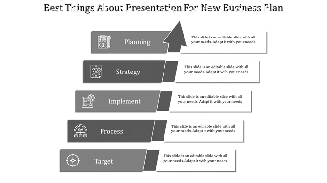 Business plan slide with five arrows representing key stages from planning to target with placeholder text.