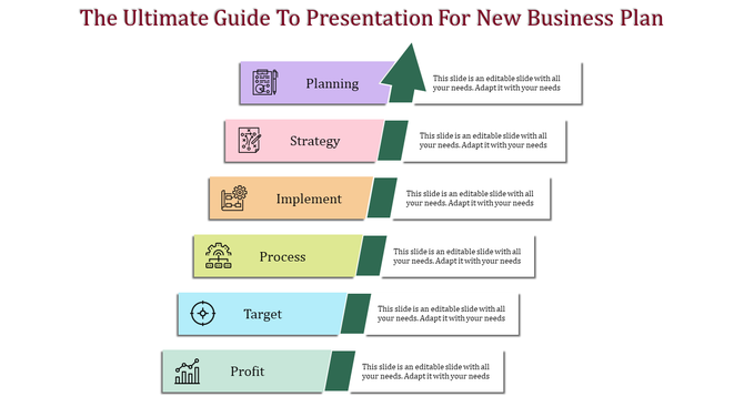 Business process diagram with five purple arrow-shaped steps, each featuring an icon and aligned with gray text boxes.