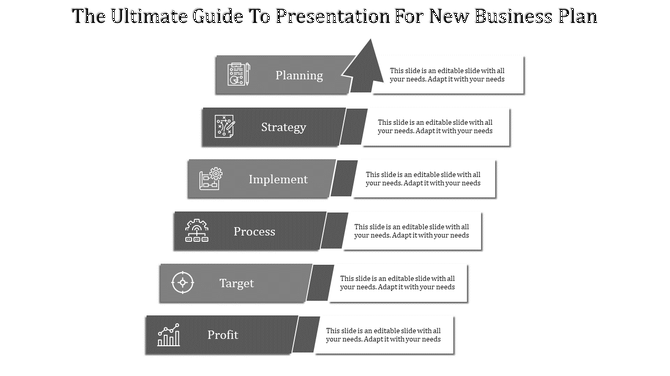 A grey PPT slide showing the essential steps for creating a new business plan each with icons and placeholder text.