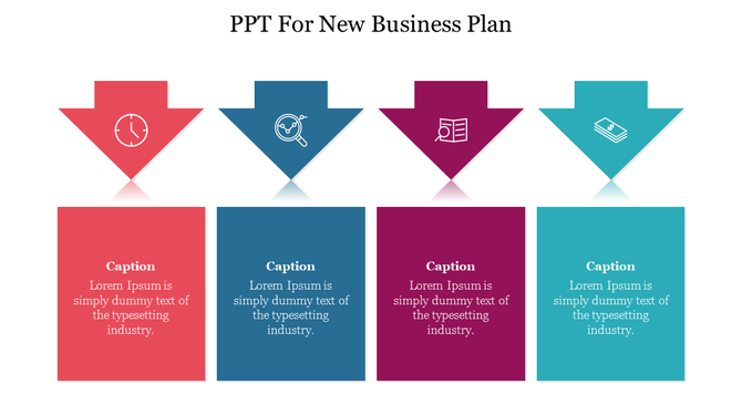 Business plan diagram featuring downward arrows with clock, magnifier, document, and money icons, each with a caption area.