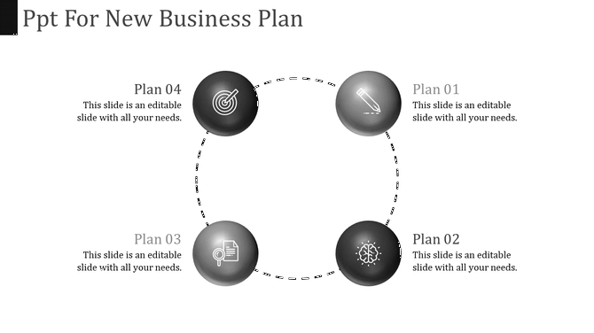 Business plan slide with four-step circular infographic with gradient icons of a target, pencil, document, and brain.