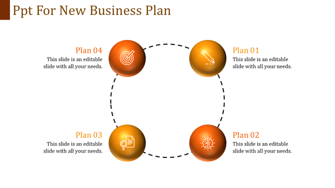 Circular diagram for business plan with orange icons a target, pencil, brain, and document, connected by dotted lines.