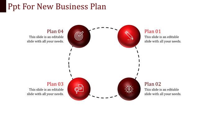 PowerPoint slide with four red icons arranged in a circular pattern, representing different stages of a new business plan.