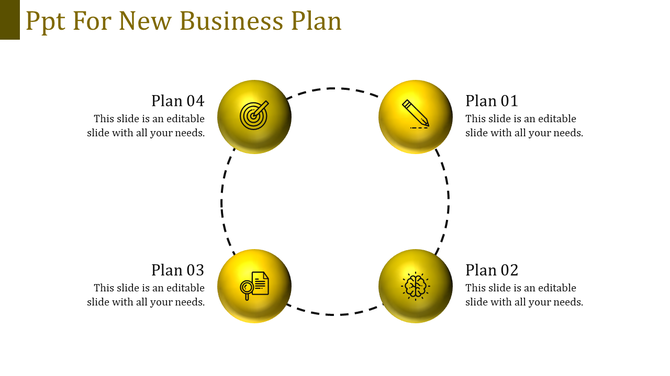 Circular diagram with four yellow spheres, each representing a business plan step, connected by a dashed circle line.