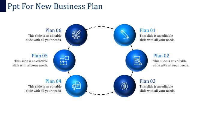 Business plan infographic showing a circular layout of six blue glowing spheres with icons connected by dashed lines.