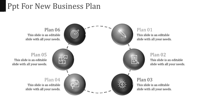 Circular layout with six gray glossy spheres connected by dashed lines, each containing white icons and captions.