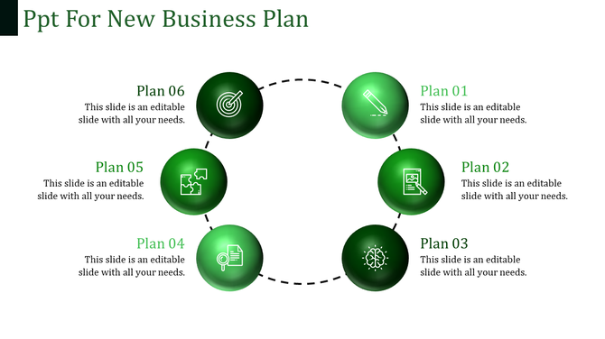 Green circular icons illustrate a new business plan in a PowerPoint template with six sections.