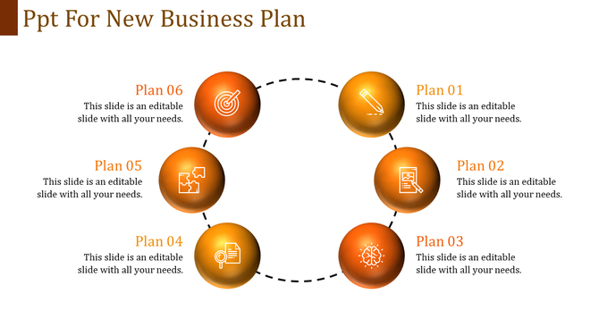 Business plan infographic showing a circular layout of six orange glowing spheres with icons connected by dashed lines.