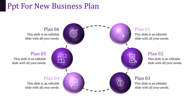 Circular layout with six purple glossy spheres connected by dashed lines, each containing white icons and captions.