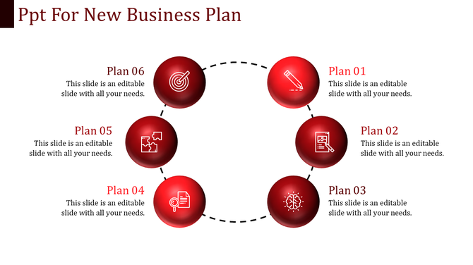 Red circular icons represent stages of a business plan, with descriptions for each plan.