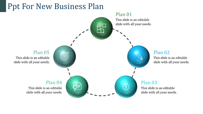 Business plan flow with five green and blue spheres arranged in a circular pattern, featuring icons like a pencil and target.