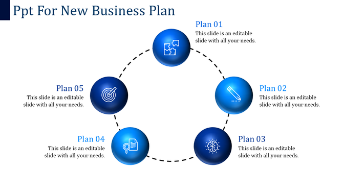 New business plan PPT with five plans connected by dashed lines and relevant blue icons.