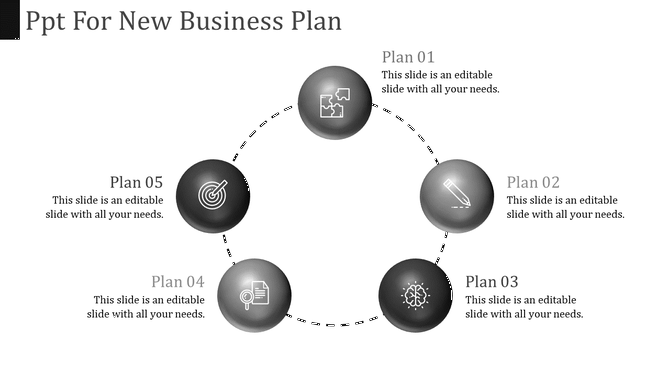 Minimalist circular flowchart with five connected black spheres, each containing a business-related icon and plan label.