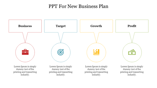 Business plan layout with four categories, represented by icons inside circles, connected to labeled boxes above.