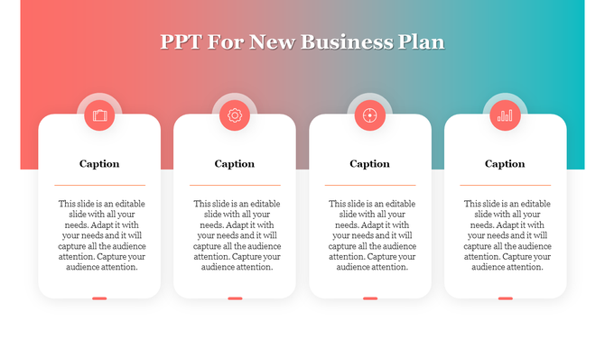 Business plan template with four white rectangular sections and red icons against a gradient background.