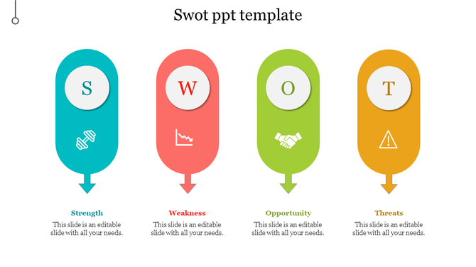 SWOT analysis slide with four rounded rectangular sections featuring bold initials, descriptive text, and relevant icons.