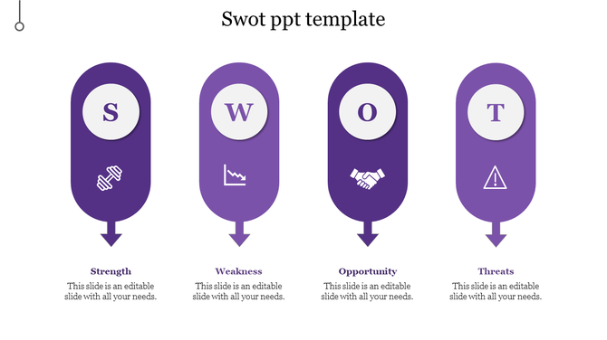 Purple themed SWOT PPT slide with Strength, Weakness, Opportunity, and Threats, each with an icon and placeholder text.