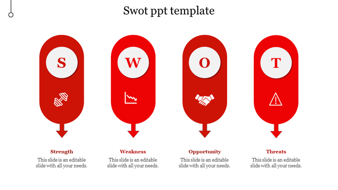 Red SWOT analysis graphic with four vertical sections labeled S, W, O, and T, each containing icons for key attributes.