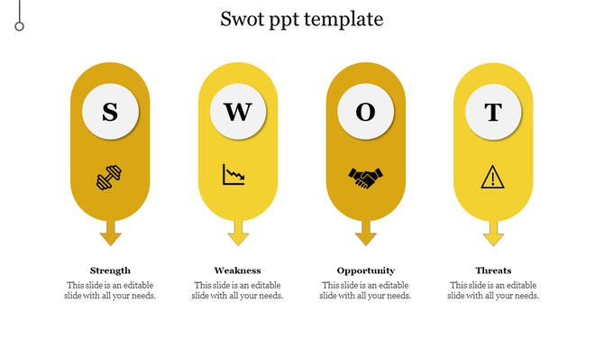 SWOT template with yellow ovals and icons, arranged in four sections with arrows pointing down.