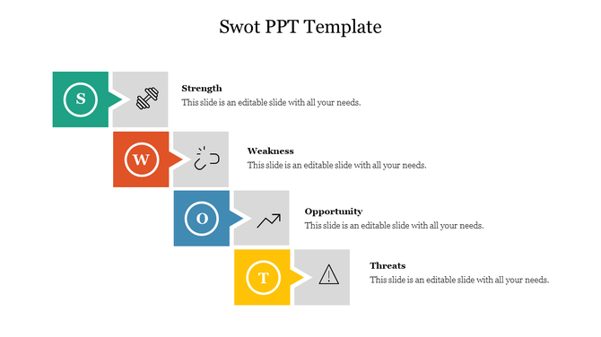 SWOT analysis PowerPoint template with sections for Strength, Weakness, Opportunity, and Threat, with icons.