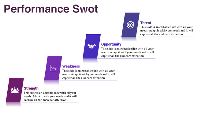 SWOT analysis with purple themed boxes, each labeled with an icon and corresponding text, displayed diagonally.