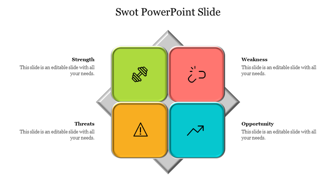 SWOT analysis slide with four colorful square sections and central diamond frame, each labeled with icons and text.