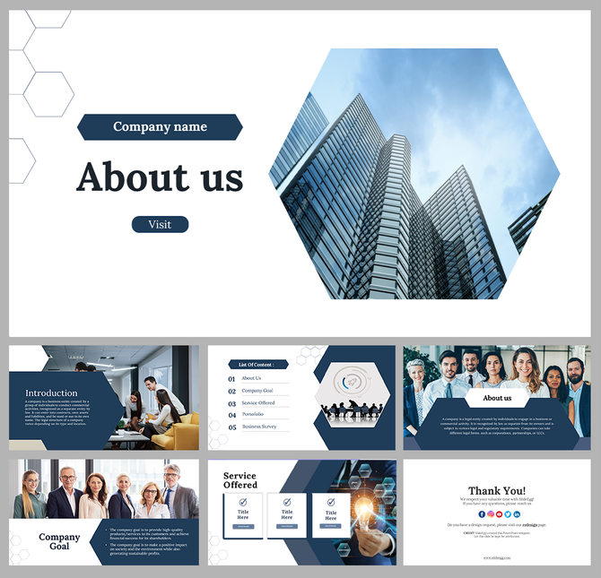 About us slide deck with professional design, showcasing team images, services, and a modern geometric layout, in blue theme.