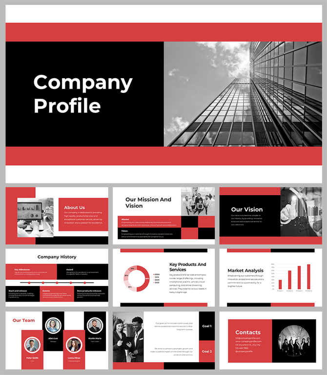 Red and black company profile slide ceck in red and black theme with sections from about us to services. 