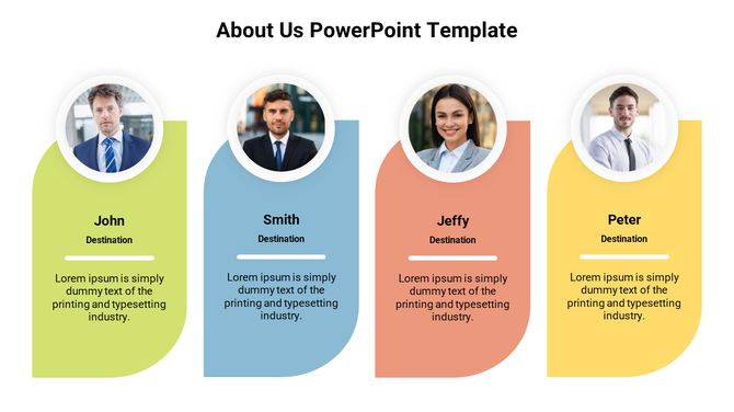 Four profile sections with photos in circular frames, featuring text on colored shapes in green, blue, orange, and yellow.