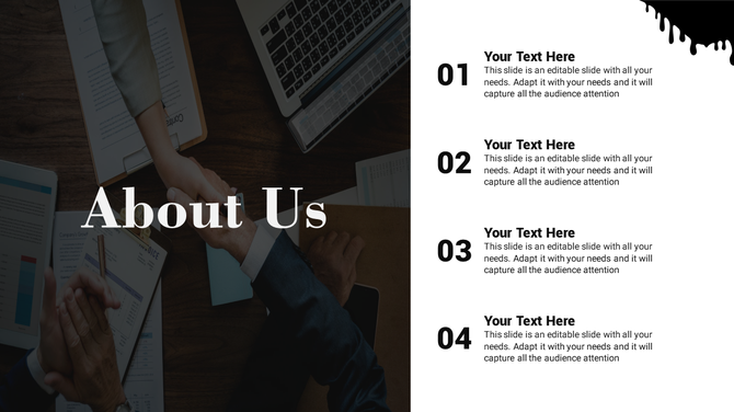 Professional PowerPoint slide for presenting company information with sections for team details and business focus.