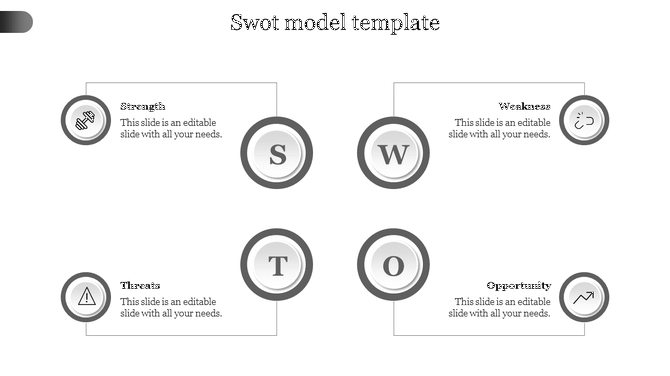 SWOT analysis PPT template with grey circular icons representing Strength, Weakness, Opportunity, and Threats with text.