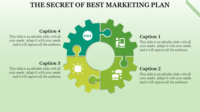 Gear shaped diagram with four sections with icons for marketing plan components with placeholder text.