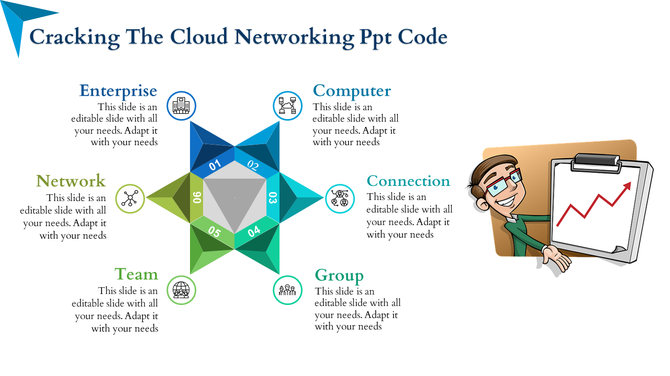 Cloud networking slide with a central hexagonal diagram and sections for key terms from enterprise to computer with icons.