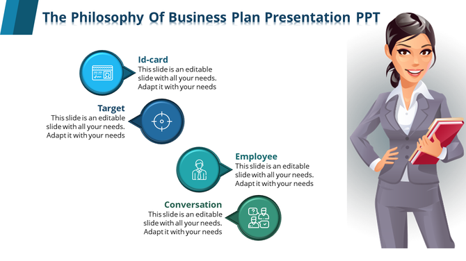 A business woman image on the right and four icons on the left illustrating various business concepts each with caption area.