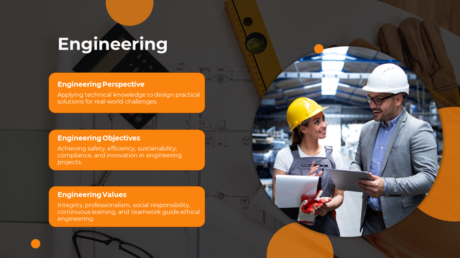 Three orange text boxes next to a circular image of engineers in a workspace, over a blurred blueprint background.