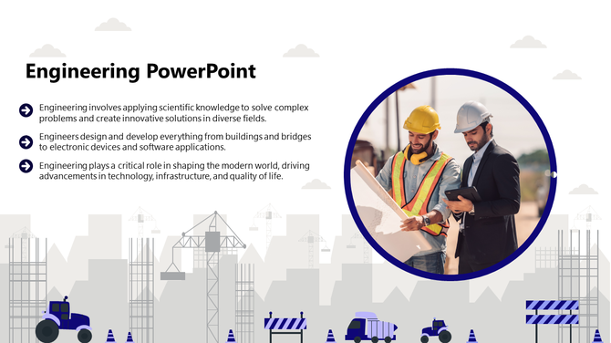 Dark gray slide with three circular icons, and yellow curve with two engineers reviewing a blueprint on the right.