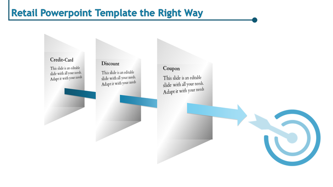 Retail PowerPoint template showcasing Credit Card, Discount, and Coupon with arrows leading to a target symbol.