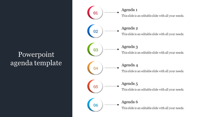 Agenda slide with six numbered sections, each labeled with Agenda 1 to Agenda 6, in colorful circles with placeholder text.