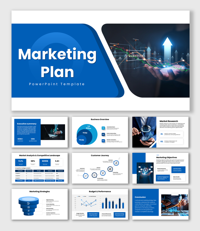 marketing plan blue theme slides with charts, icons, text boxes, and clean structured shapes.