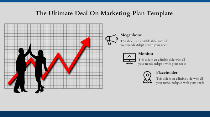 Marketing plan template with a growth chart, megaphone, monitor, and placeholder icons.