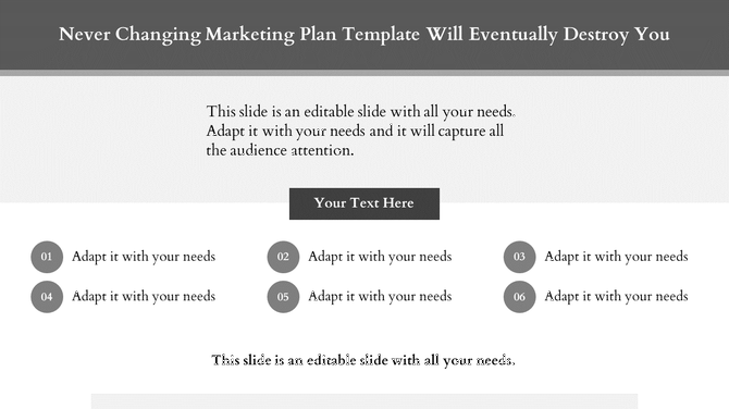 Monochrome marketing plan template with six numbered bullet points, text placeholders, and a central dark gray box.
